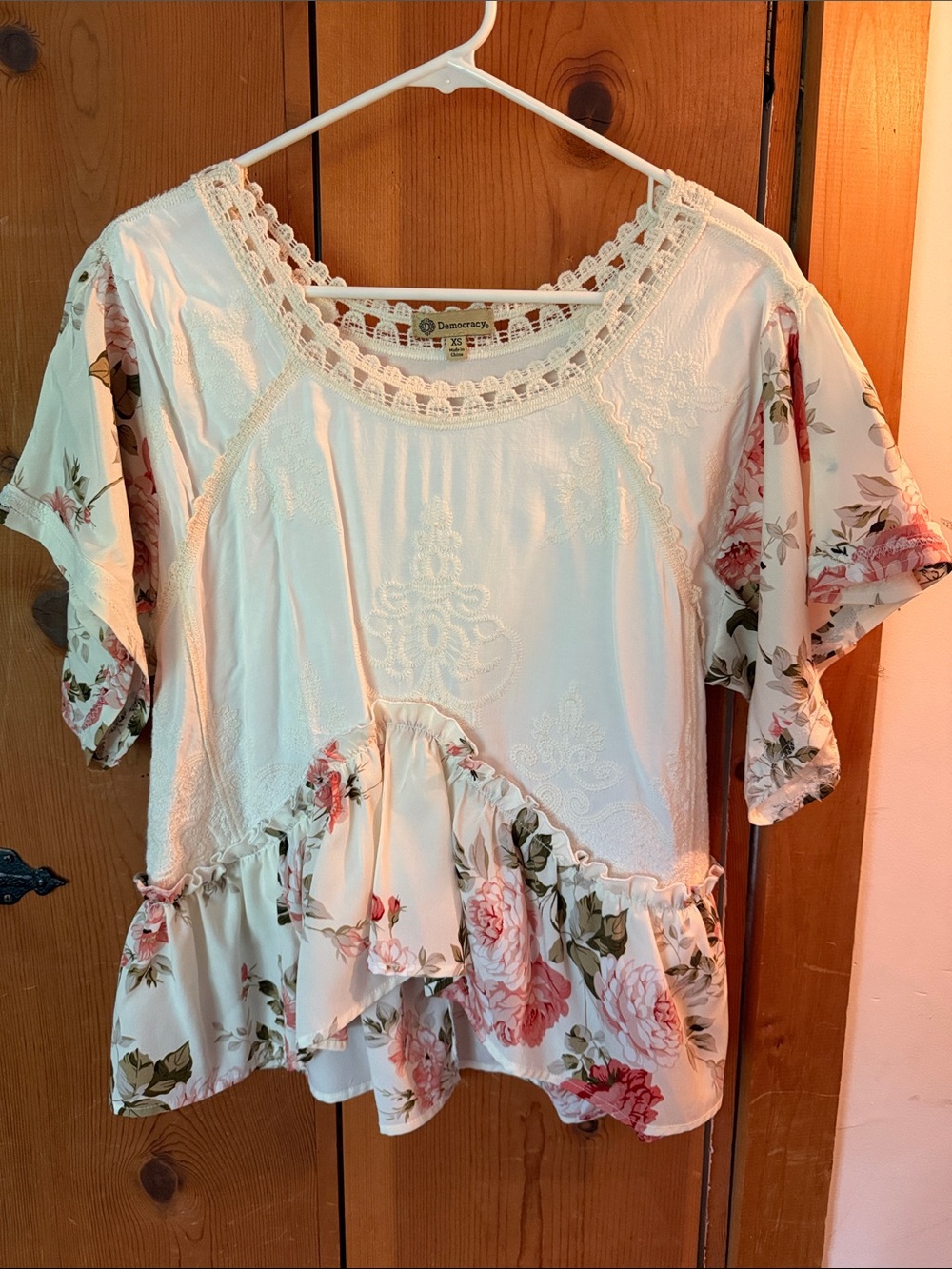 Democracy Cream Top with Pink Floral Ruffle Sleeves